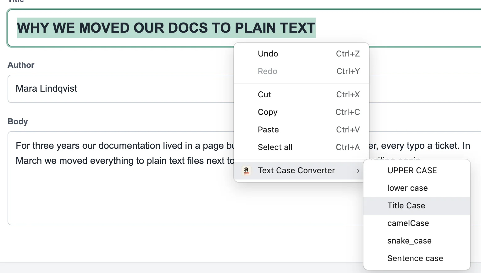A title typed in capitals is selected in a web form; the right-click menu shows the Text Case Converter submenu with six cases